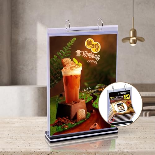 2Pcs Table Flip Menu Holder with 6 Pages Sleeve, 8.5" X 11" Tabletop Sign Signage Vertical Display Stand with Base, Suction Cups, Paper Cutter, Rotating Binders Rack, for Photo, Bar, Job Fair