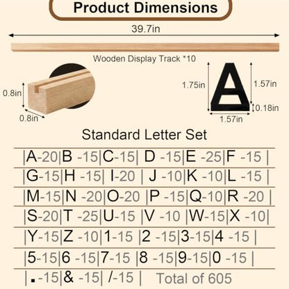Wooden Tone Wall Menu Letter Board 10 Rails ＆ 605 Changeable Letters