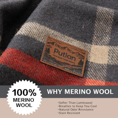PuTian 100% Wool Blanket - Camping Outdoor Blanket, Plaid Dark Gray - color: Plaid Pattern Dark Gray, size: 63" × 87"