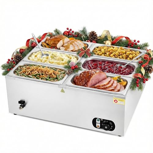 WILPREP Commercial Food Warmer with Six 1/3 Pans, 1500W Countertop Electric Warmer, 86-185°F Adjustable Temp Control & Over-Temp Protection, Stainless Steel Buffet Bain Marie - size: 1/3 pan*6