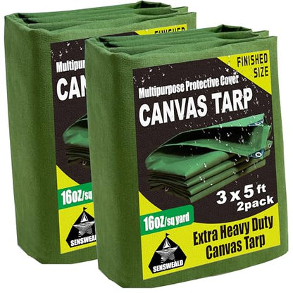 2 Pack 16oz Small Heavy Duty Canvas Tarp 3x5 Feet Water-Resistant - color: 28mil-green, size: 3x5 Feet 2 Pack-Finished size