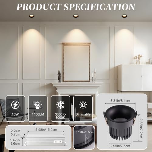 3 Inch LED Recessed Lights, Waterproof, Dimmable, 3CCT, CRI98 Ceiling Light - color: Black-Gray, size: 3 Inch-6 Pack