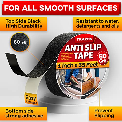 Grip Tape - Heavy Duty Anti Slip Tape for Stairs Outdoor/Indoor Waterproof 1Inch x 35Ft Safety Non Skid Roll for Stair Steps Traction Tread Staircases Grips Adhesive Non Slip Strips Nonslip Walk Black - color: Black, size: 1 Inch x 35 Feet