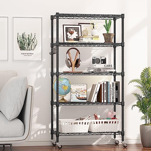 Himimi 5-Tier Storage Shelf Wire Shelving Unit on Wheels Heavy Duty Metal Shelves Adjustable Steel Rack Organization for Kitchen Garage Basement, Black - color: Black, size: 13.78"D x 29.92"W x 62.20"H, 5-Tier
