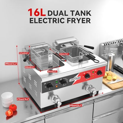 CROSSON 16L Dual Tank Countertop Electric Deep Fryer with "Swing-up and Hold",Drain Valve,Strech forming Oil Tank and Solid Wire Mesh Basket for Restaurant Use 120V,3600W Commercial Deep Fryer - size: Double Tank,16L