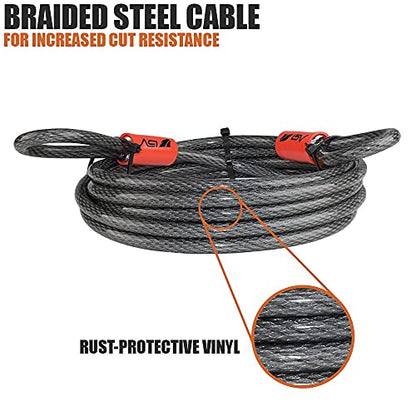 BV 7FT Heavy-Duty Security Cable Lock with Loops – Extra Thick 10mm (3/8") Braided Steel, Cut-Resistant & Weatherproof Wire Cable for Padlock, Gate, Bike, Motorcycle & Outdoor Equipment - color: Single, style: 7 FT