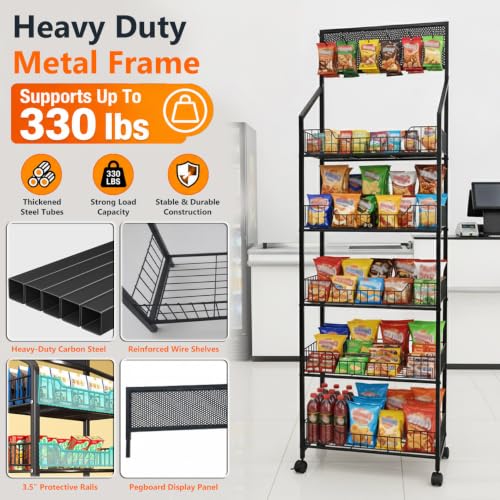 5 Tier Snack Rack Display Stand, Chip Rack Display Stand with Wheels
