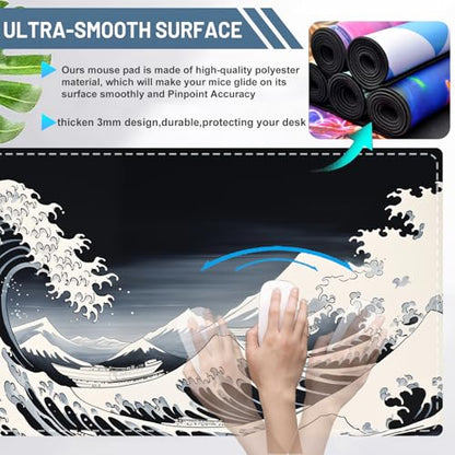 Mouse Pad Desk Mat,XXL Extended Gaming Mouse Pad Desk Pad,35.7x15.7in Large Mousepad Thicken to 3mm Non-Slip Rubber Base Mousepad with Stitched Edges,Japanese Sea Wave Desks Mat for Keyboard Mouses - color: raging waves