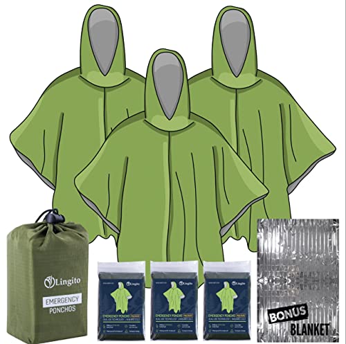 Lingito Rain Ponchos Family Pack - Emergency Drawstring Hood Poncho for Children & Adults Lightweight Reusable or Disposable - color: Green, style: Thermal (3+1-pack)