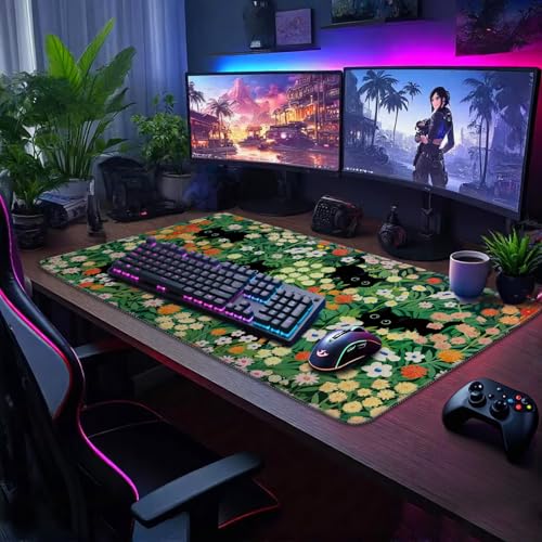 Cute Flower Cat Large Gaming Mouse Pad Desk Mat 31.5"x15.7" - color: Cat Floral