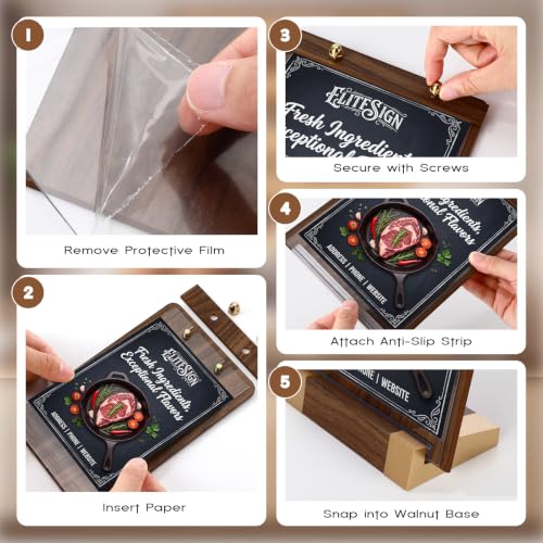 Sliner 6 Pcs 4 x 6 Inches Acrylic Sign Holders with Walnut Wood Base Clear Acrylic Frame Display Stand Table Stand for Menu Poster Flyer Restaurant Office Coffee Shop Store Bar - size: 4 x 6 Inches