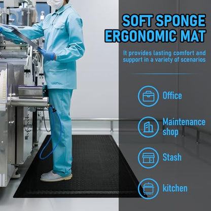 Anti Fatigue Mat 3x5Ft 15/16" Thick Soft Sponge Ergonomic Mat Black - size: 59.9"L x 36.2"W x 0.9"Th