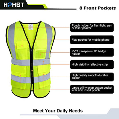5 Pockets High Visibility Reflective Safety Vest,Zipper Front, Meets ANSI/ISEA Standards - color: Yellow, size: Medium
