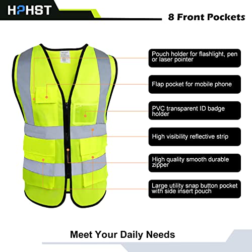 5 Pockets High Visibility Reflective Safety Vest,Zipper Front, Meets ANSI/ISEA Standards - color: Yellow, size: X-Large