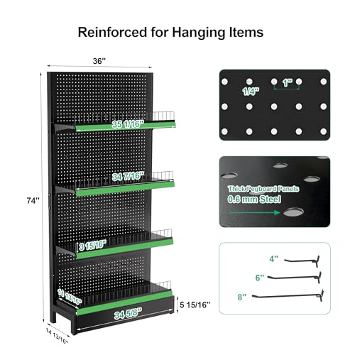 JWX Heavy-Duty Gondola Shelving, 4-Tier Pegboard Display Stand, 30 Hooks - color: Black