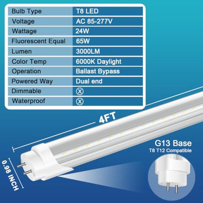 12 Pack T8 LED Bulbs 4 Foot, 24W 3000LM, 6000K, Ballast Bypass