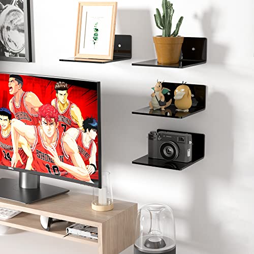 Sezanrpt 6 Inches Acrylic Small Wall Shelves 2 Pack, Floating Shelf for Wall Mounting, Acrylic Display Ledges for Funko Pop Figures, Home Décor, Living Room, Gaming Room, Plants(6 inch, Black) - color: Black, size: 6 Inch