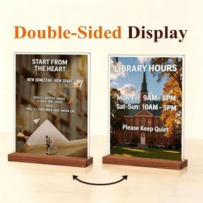 8.5x11 Acrylic Sign Holder with Wooden Base 4 Pack Adjustable Vertical/Tilt - color: Warm Brown, size: 8.5"x11"