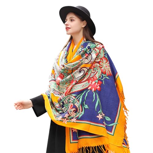 DANA XU 100% Merino Wool Extra Large Pashmina Shawl for Women - color: Blue Yellow Floral