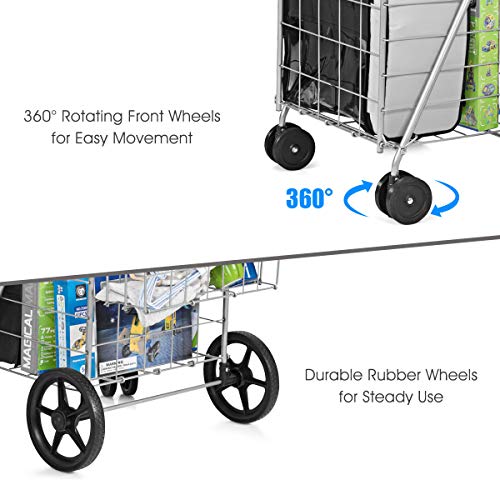 S AFSTAR Folding Shopping Cart, Metal Grocery Cart w/Extra Basket & 360° Swivel Wheels & Non-Slip Handle, Heavy Duty Utility Cart for Grocery Laundry Book Luggage (Silver) - color: Silver