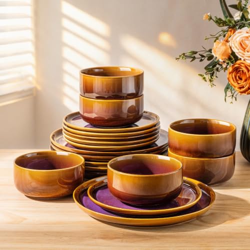 TheTerra Ceramic Dinnerware Set for 6, 18-Piece Plates and Bowls Set - color: Amber Amethyst, size: Set (18pcs)