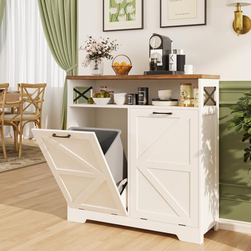 Double Tilt Out Trash Can Cabinet for 13*2 Gallon Garbage Can, Farmhouse Kitchen Garbage Trash Bin for Hidden Laundry Basket, Dual Dog Proof Recycling Cabinet for Bathroom, Living Room, White - color: Antique White, size: 2 x13 Gallons