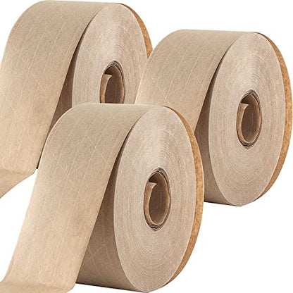 Ultra Durable Water-Activated Tape for Secure Packing 3Pk. 2.75 in, 450 Ft Brown Kraft Gum Tape Provides Heavy Duty Adhesive for Packaging and Shipping. Fiberglass Reinforced for Extra Strong Bond.