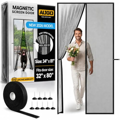 AUGO Magnetic Screen Door - Self Sealing, Heavy Duty, Hands Free Mesh Partition Keeps Bugs Out - Pet and Kid Friendly - Patent Pending Keep Open Feature - 34 Inch x 81 Inch - size: 34" x 81"