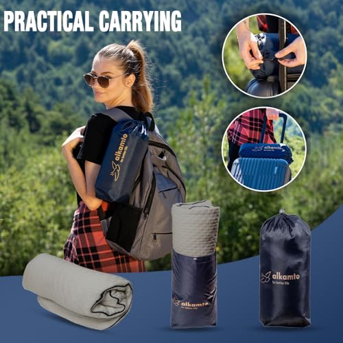 alkamto Travel & Camping Comfortable Memory Foam Pillow – Easy to Carry Portable Bag – Temperature Regulating Pillow Case - size: 13.7 x 11.8 x 3.9 / 3.14 In - Grey + Extra Cover