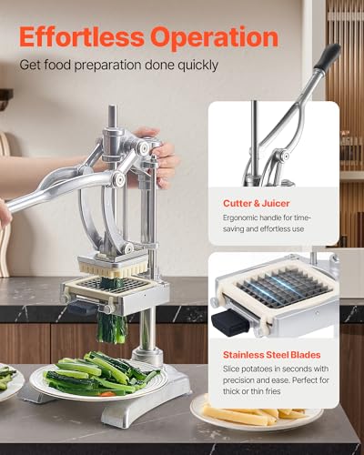VEVOR French Fry Cutter, Ergonomic Potato Slicer with 3 Blades (1/2", 3/8", 1/4") & Juicer Plate, Easy-Replace Vegetable Chopper Dicer for Carrot, Onion, Lemon, Ideal for Home & Commercial Kitchens - size: 1/4" + 3/8" + 1/2" + Juicer Plate