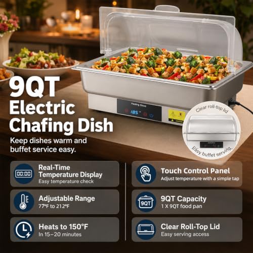 Electric Chafing Dish Buffet Server with Touch Control, 9QT Full Size Food Pan, Stainless Steel Roll Top Food Warmer for Catering Buffet - size: 608-Full Pan