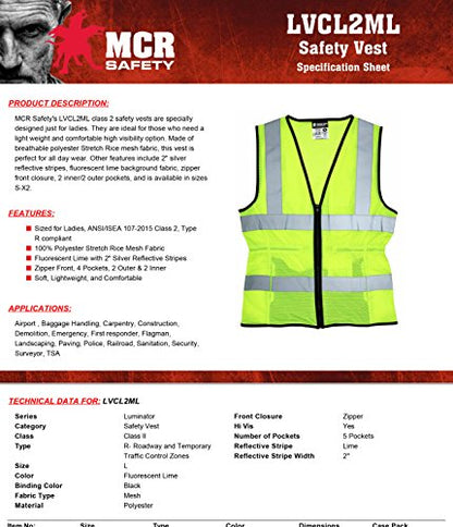MCR Safety LVCL2MLXL Ladies Sized Class 2 Lightweight Safety Vest, Silver Reflective Stripe, Zipper Front, Lime, X-Large - size: X-Large