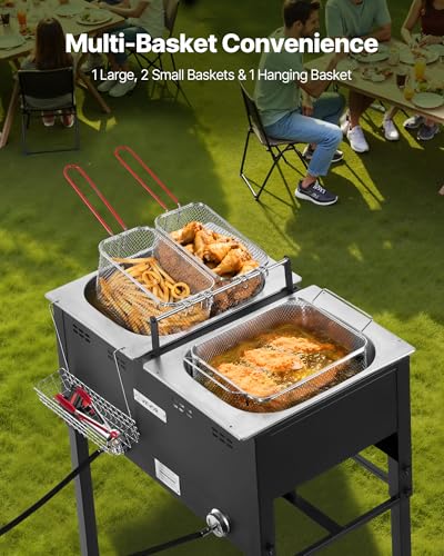 VEVOR Outdoor Propane Deep Fryer, Dual-Tank 16QTx2 Large Capacity Commercial Fryer, Stainless Steel Fish Cooker with 3 Basket, Thermometer, Floor Standing Fryers for Catering Event Camping, 50,000 BTU - size: 32QT (16QTX2)