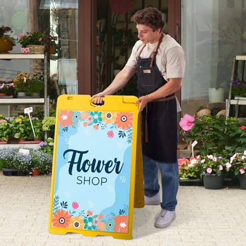 Jumbl Outdoor A-Frame Sandwich Signboard 24” x 36” Display Surface – w/PVC Sign Protector & Sand Fill Holes – Duel Display Signage Stand for Storefront Sidewalk Curb (Yellow) - color: Yellow