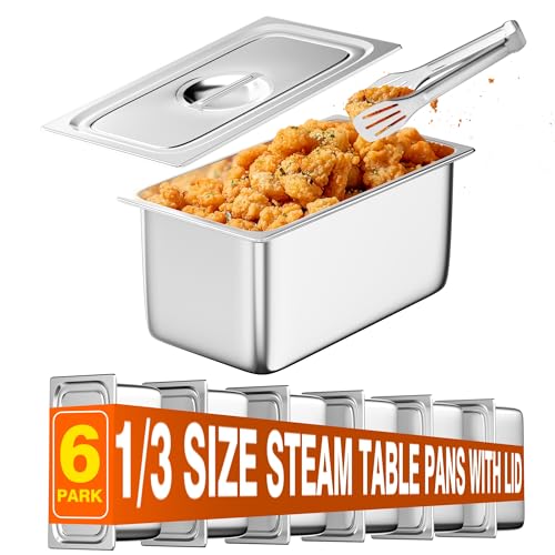 WantJoin Steam Table Hotel Pans with Lid 1/3 Third Size 6 Inch Deep 6 Pack, Stainless Steel Metal Food Storage Container Tray Set, Restaurant Chafing Dishes Commercial Buffet Catering - color: 6" Deep, size: 1/3 Size