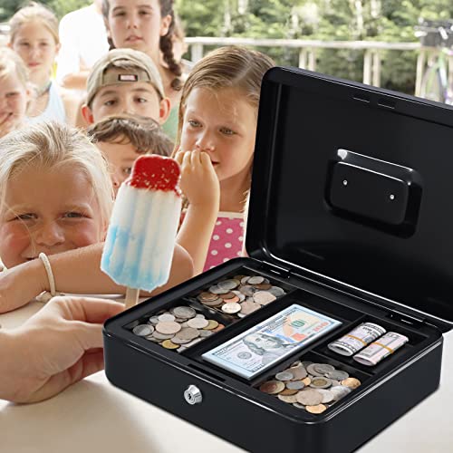 KYODOLED Metal Cash Box with Money Tray and Lock,Money Box with Cash Tray,Cash Drawer,11.81"x 9.45"x 3.54" Black X Large - color: Black, size: X Large