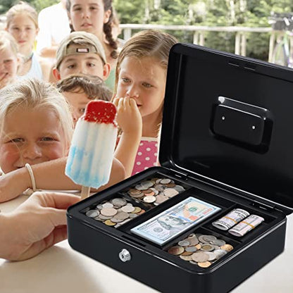 KYODOLED Metal Cash Box with Money Tray and Lock,Money Box with Cash Tray,Cash Drawer,11.81"x 9.45"x 3.54" Black X Large - color: Black, size: X Large