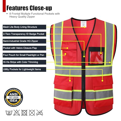 Reflective Safety Vest for Men Women Hi Vis Vest with 8 Pockets High Visibility Mesh Reflective Vest (Red-07,Medium) - color: Red, size: Medium