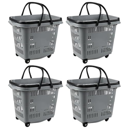 50 Liter Large Plastic Shopping Basket with Wheels, 4 Pack, Gray