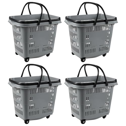 50 Liter Large Plastic Shopping Basket with Wheels, 4 Pack, Gray
