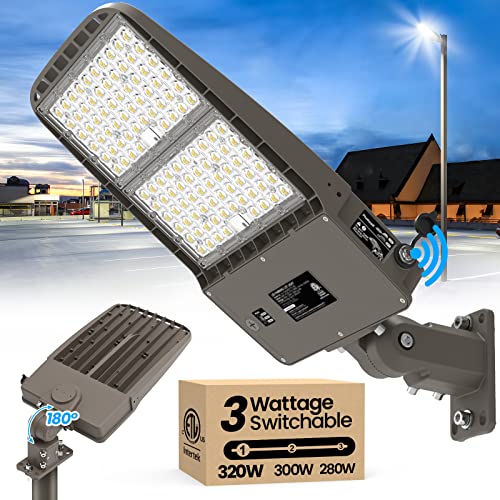 AKK LED Parking Lot Light 320W 300W 280W Adjustable, 51200LM 160LM/W 5000K, Dimmable Shoebox Area Light with Photocell, IP65 ETL 100-277V Arm & Slip Fitter Mount for Large Lots, Warehouses & Stadiums - size: 320W/300W/280W Switchable