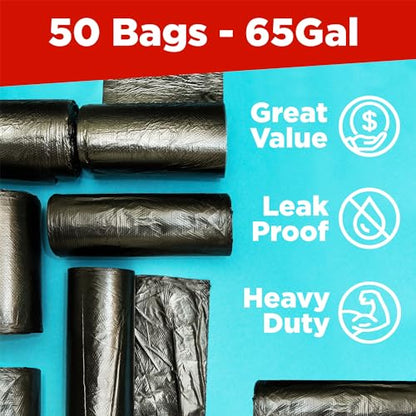 ToughBag 65 Gallon Heavy Duty Contractor Trash Bags, 50 Ct, Black, 1.2 Mil