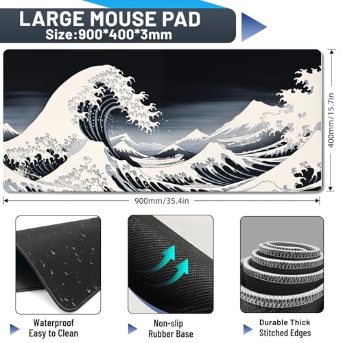 Mouse Pad Desk Mat,XXL Extended Gaming Mouse Pad Desk Pad,35.7x15.7in Large Mousepad Thicken to 3mm Non-Slip Rubber Base Mousepad with Stitched Edges,Japanese Sea Wave Desks Mat for Keyboard Mouses - color: raging waves
