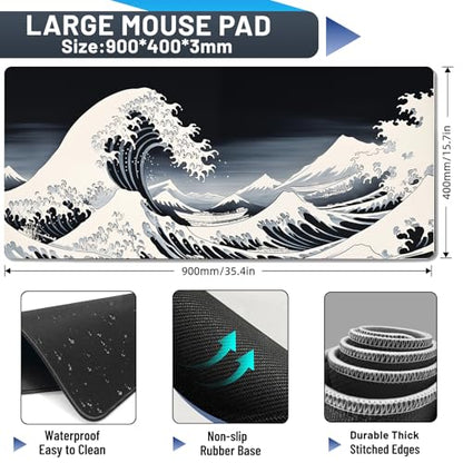 Mouse Pad Desk Mat,XXL Extended Gaming Mouse Pad Desk Pad,35.7x15.7in Large Mousepad Thicken to 3mm Non-Slip Rubber Base Mousepad with Stitched Edges,Japanese Sea Wave Desks Mat for Keyboard Mouses - color: raging waves