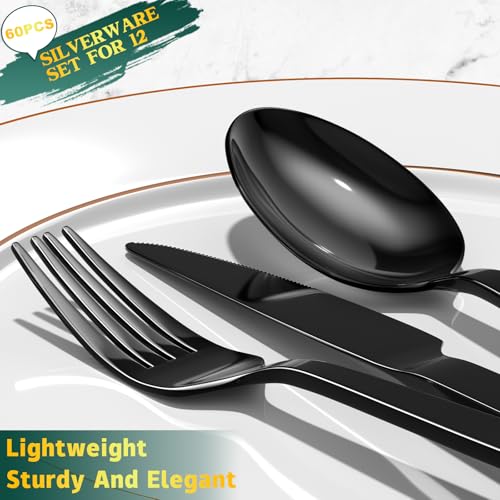 Yoehka 60 Pieces Black Silverware Set, Stainless Steel Flatware Set for 12 - style: 60Pcs Black Modern Handles