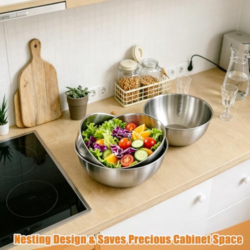 3 Pcs Stainless Steel Mixing Bowls Set, Metal Baking Bowls (1.5,2.2,3.4 Qt)