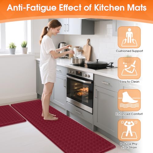TranquilRelax 2-Piece Kitchen Mats, Cushioned Non-Slip Floor Mats, Burgundy - color: Burgundy, size: 2-Piece | 30"+59" | Standard