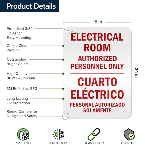 Electrical Room Authorized Personnel Only Bilingual Sign, 18x24 Inches, 3M EGP Reflective .080 Aluminum, Fade Resistant, Made in USA by My Sign Center - size: 18x24 Reflective Aluminum
