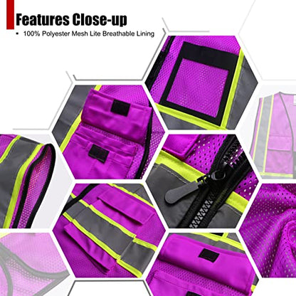 Reflective Safety Vest for Men Women Hi Vis Vest with 8 Pockets High Visibility Mesh Reflective Vest (Purple-07, Large) - color: Purple, size: Large