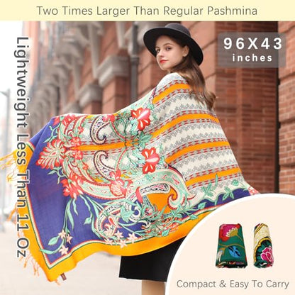 DANA XU 100% Merino Wool Extra Large Pashmina Shawl for Women - color: Blue Yellow Floral